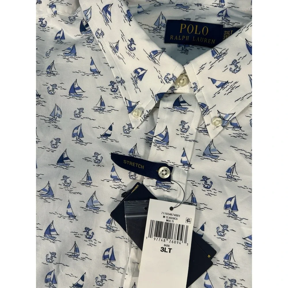 New Polo Ralph Lauren Shirt 3XLT White‎ Sailboat Print Nautical Preppy Stretch